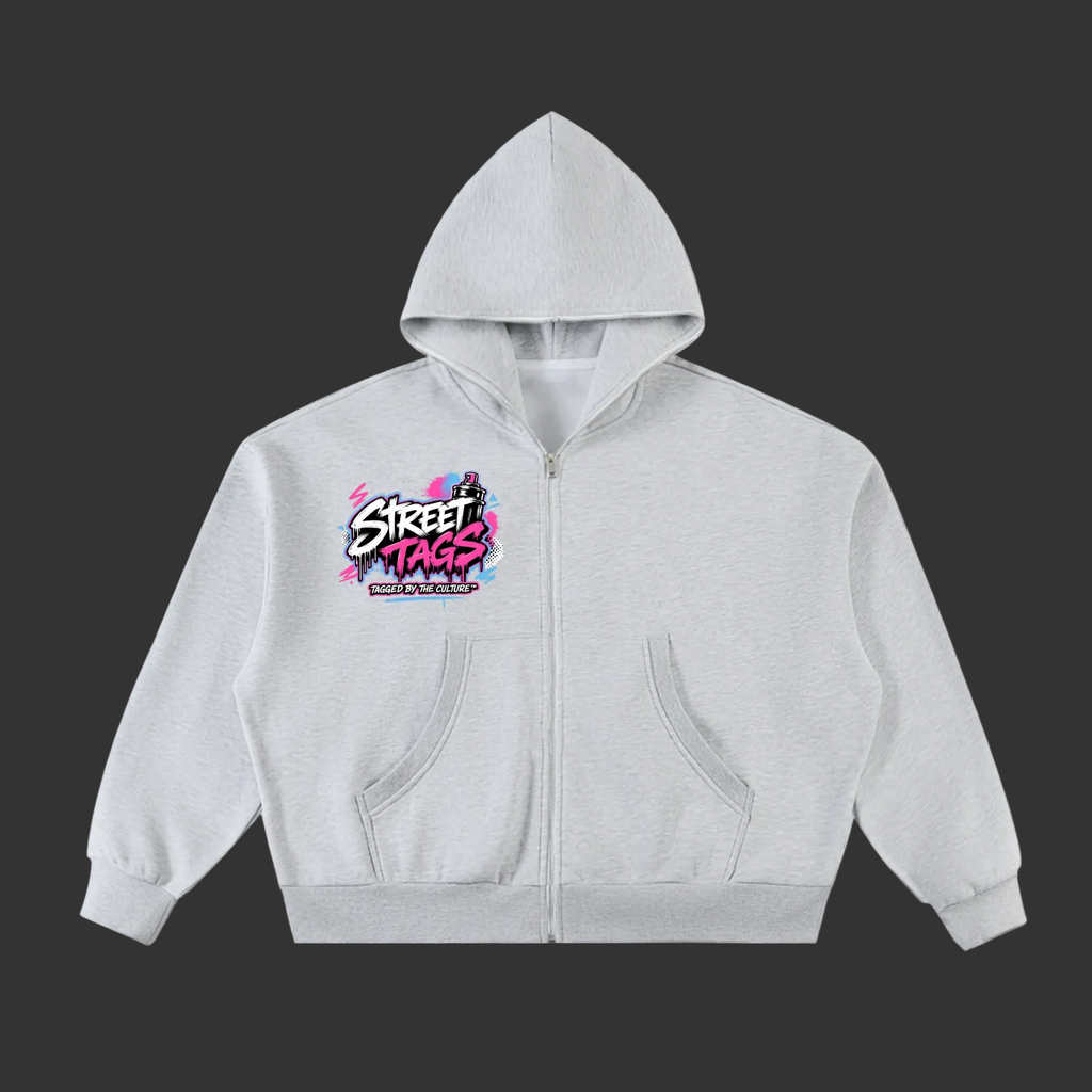 BUBBLE GUM CONCRETE Fleeced Full-Zip Boxy Hoodie